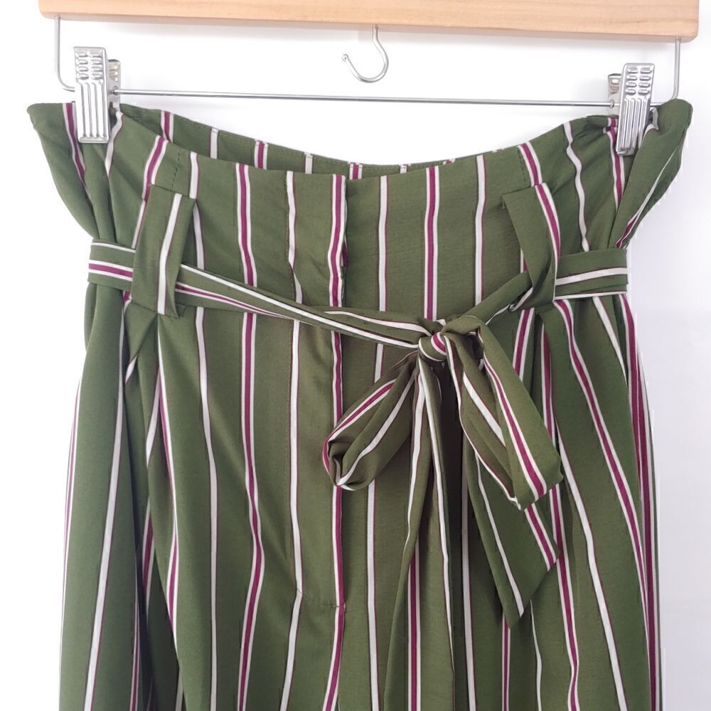 JOA High Waist Pants Green Stripe Medium Belted - Picture 3 of 4